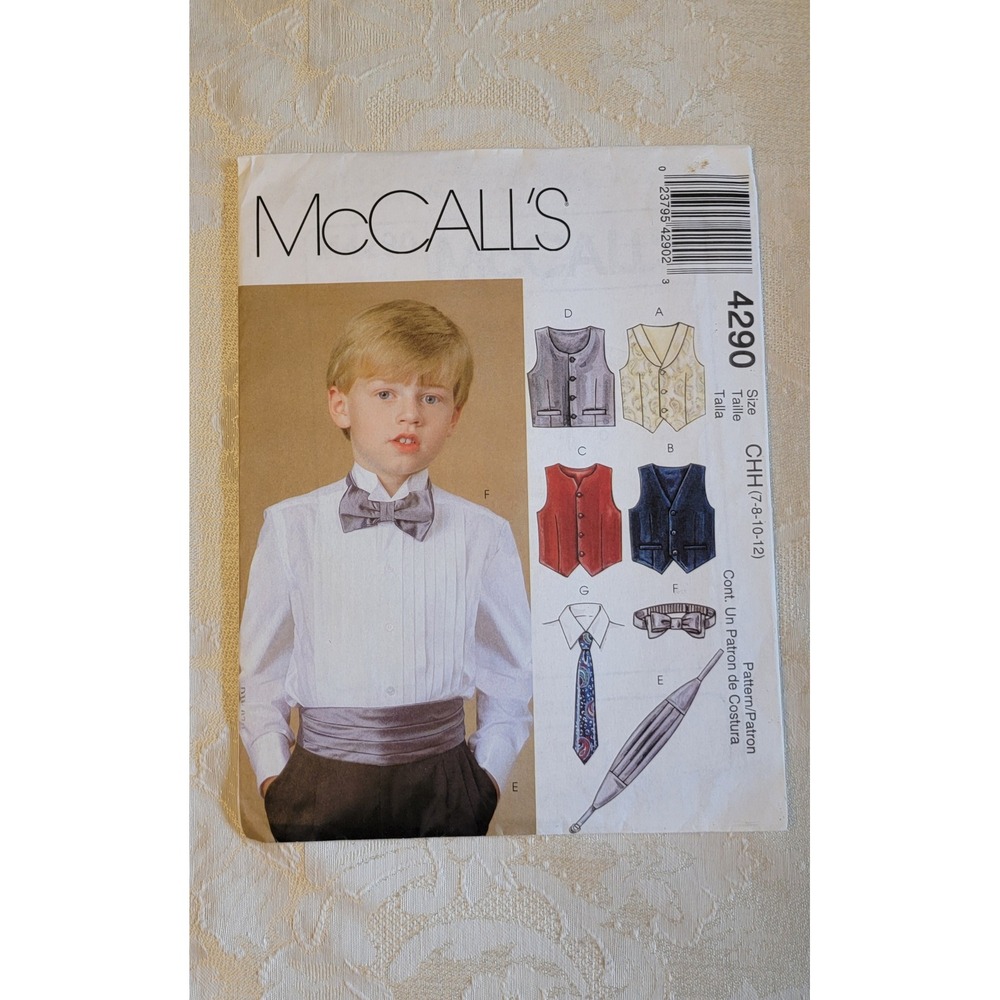 McCall's 4290 Boys Vest Cummerbund Bow Tie Necktie Sewing Pattern Size 7-12 CHH